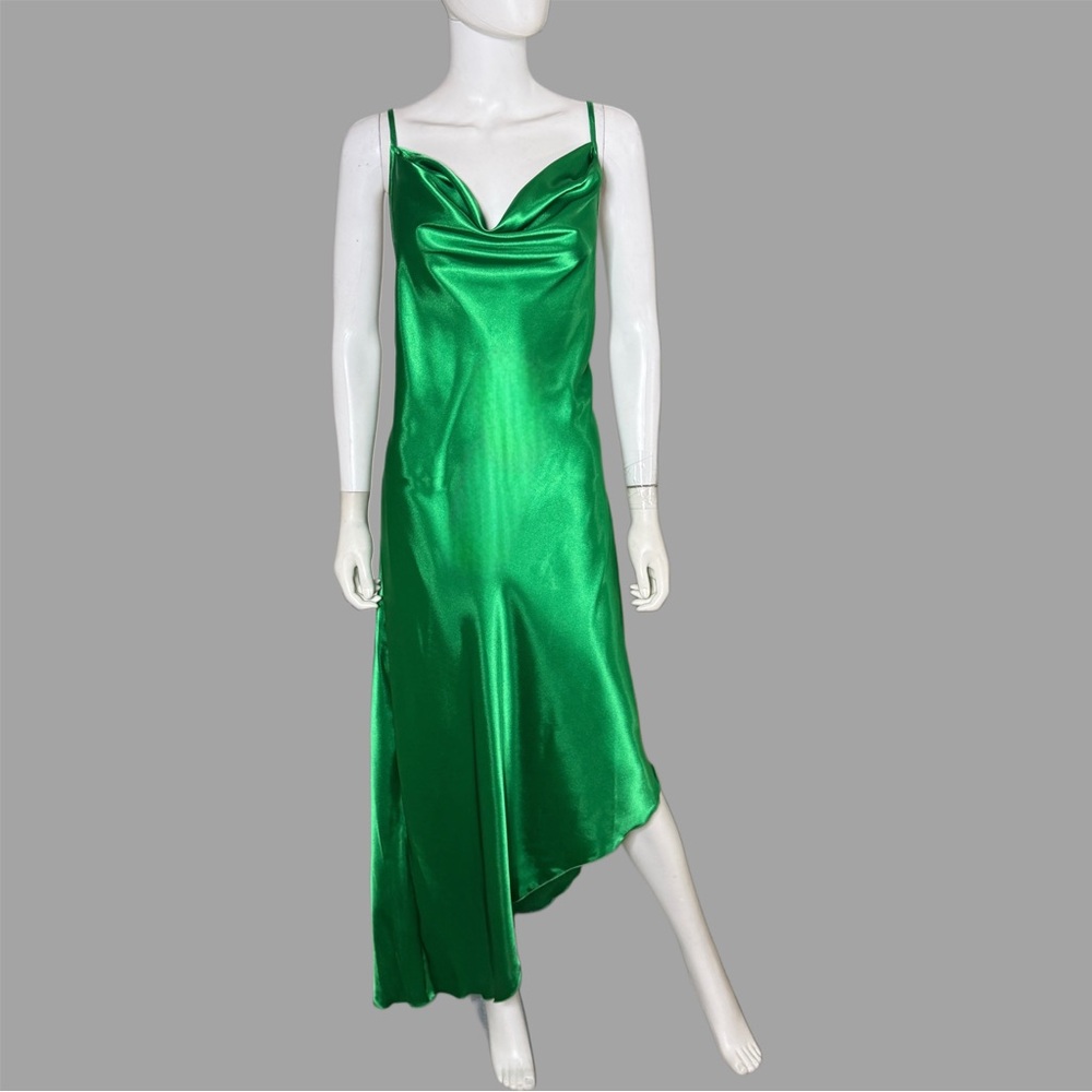 bebe Emerald Green Asymmetric Satin Slinky Slip Dress - Picture 3 of 7